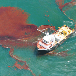 A ship in the midst of an oil spillage cleanup.