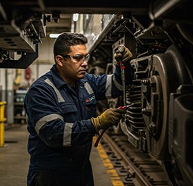 A maintenance worker conducts preventive maintenance on a train to complete a CMMS work order.