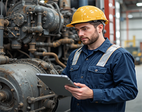 A supervisor uses a CMMS to monitor food processing equipment.