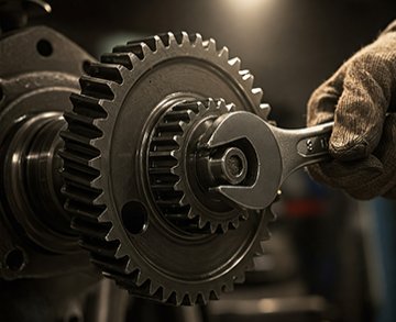  Suggested Image Alt Text: Technician adjusting a cogwheel with a wrench, symbolizing MRO processes.