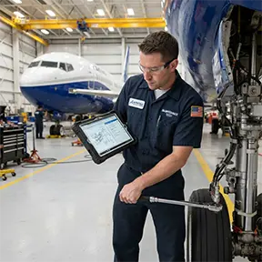 A technician performs maintenance on a plane.