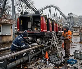 Tech working maintenance in an amusement park during the off season.