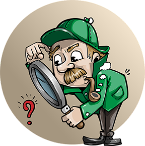 Image: cartoon Sherlock Holmes peering through a magnifying glass