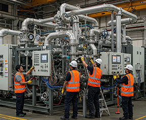 Maintenance technicians install a new piece of equipment, demonstrating effective asset management strategies