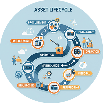 The complete lifecycle of an asset shown from procurement through maintenance to final equipment disposal.