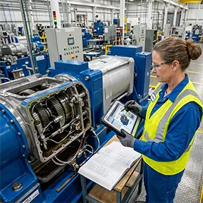 A technician fulfills a CMMS work order on a piece of equipment.