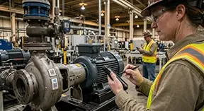 Technician scanning an asset tag to view digitized OEM manuals and maintenance history on a CMMS app.