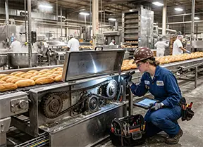A technician conducts preventive maintenance in an industrial bakery.