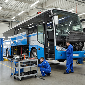 Technicians conduct preventive maintenance on a tour bus.