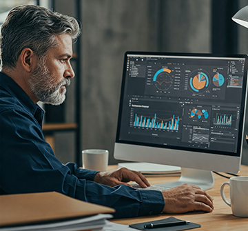 A maintenance manager studies a CMMS' business intelligence reports.