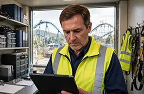 CMMS compliance administrator in amusement park maintenance office reviewing safety inspections on tablet with roller coaster in background, managing compliance CMMS documentation for audit readiness.