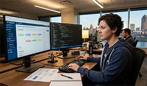 A CMMS programmer customizes a client's CMMS for operation advantages.