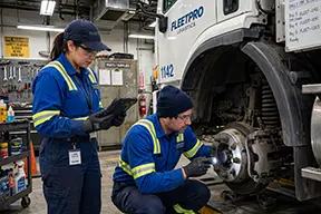 Technicians make routine maintenance inspections on fleet vehicles with CMMS work orders.