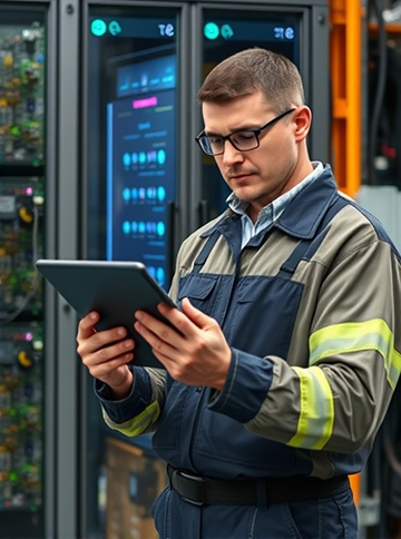 A maintenance technician determines on his tablet which CMMS works best.