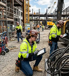 Maintenance technicians using a CMMS on the job.