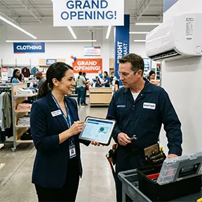 A supervisor showing a maintenance worker the usage of a CMMS.