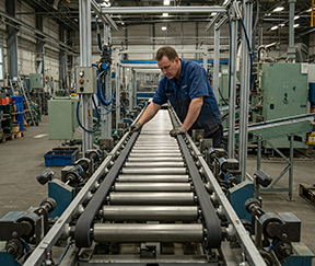 Technician performing conveyor belt maintenance to ensure operational efficiency.