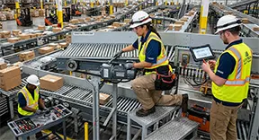 Technicians use a CMMS to find and record faults in conveyor maintenance.