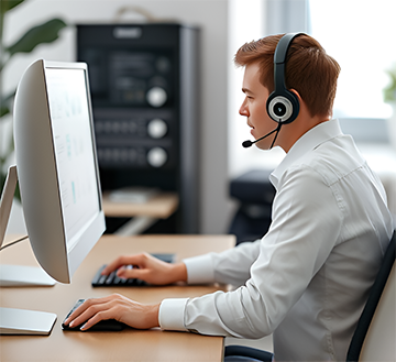 A customer service representative assist a phone-in customer.