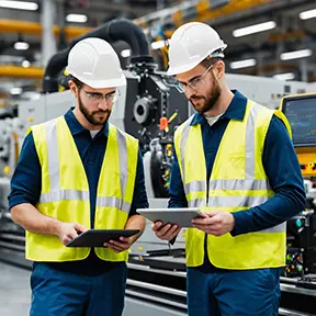 Two technicians analyze downtime traffic for better maintenance operations.