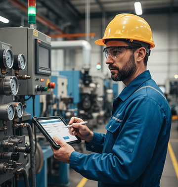 A maintenance worker records equipment readings in a CMMS.