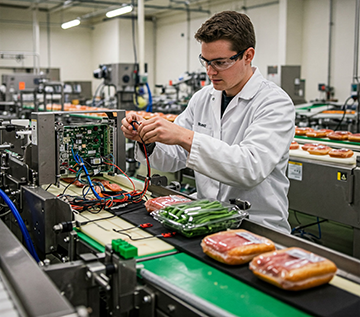 A technician conducts maintenance on food production equipment from a CMMS work order.