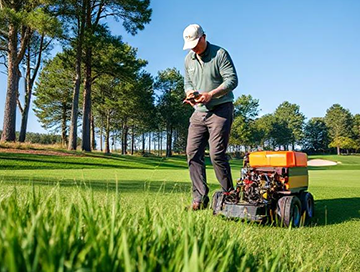 Technician performing golf course maintenance on greens for visual appeal and performance.