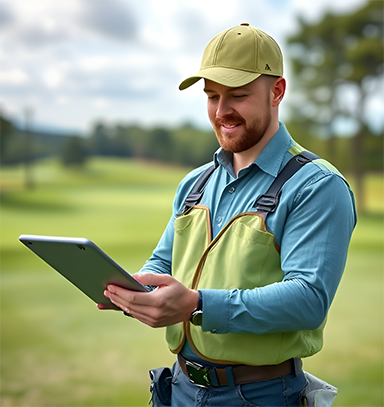 Golf course maintenance supervisor using CMMS software to plan and track tasks efficiently.
