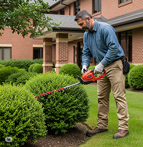 Groundskeeper trimming bushes as part of commercial grounds maintenance.