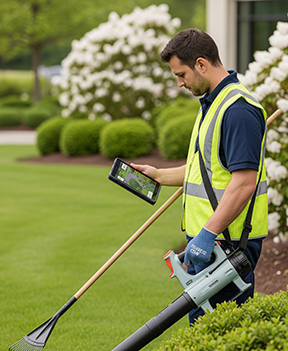 A groundskeeper reviews a CMMS work order for maintenance instructions.