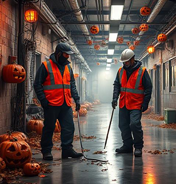 A maintenance crew conducts inspections before a Halloween event.
