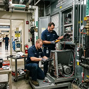 Technicians fulfilling a CMMS work order at a hospital.