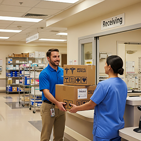 A hospital employee receives supplies through a CMMS purchase order