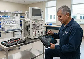 Healthcare maintenance technician inspecting medical devices using a rugged mobile tablet..