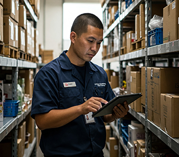 A stockroom attendant checks inventory stats on his CMMS mobile.