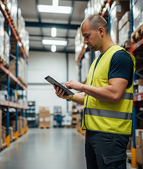A stockroom worker uses a CMMS to avoid stockout.
