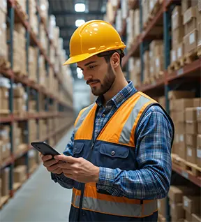 A warehouse technician check inventory status on his mobile CMMS.