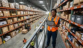 A maintenance worker uses mobile CMMS to check inventory.