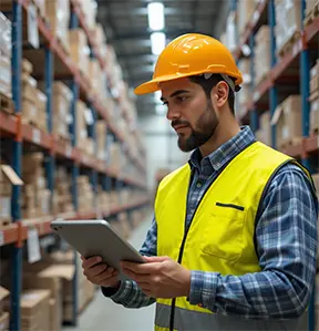 A warehouse worker uses a CMMS to process inventory for preventive maintenance work orders.