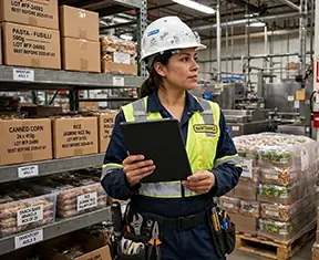 A maintenance worker uses a CMMS to manage food production inventory.