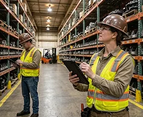 Technician using mobile inventory management software to locate spare parts in a warehouse.