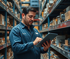 Stockroom worker using CMMS for real-time inventory management tracking