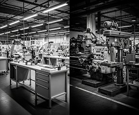 Split image of a poorly run manufacturing facility and a lean manufacturing plant.