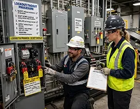 A maintenance shows a coworker the proper steps for lockout/tagout through CMMS instructions.