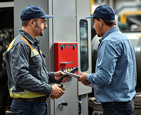 Two technicians discuss a lean maintenance program for better asset reliability