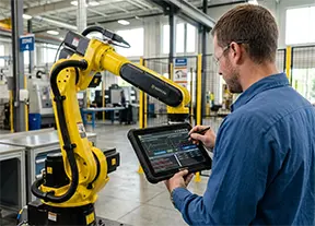Maintenance technician using a tablet to access CMMS work orders on a facility floor..