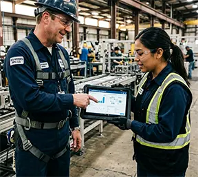 A supervisor and maintenance tech studying a CMMS for proper oeprations.