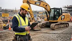 A maintenance worker uses a mobile CMMS to update work orders.
