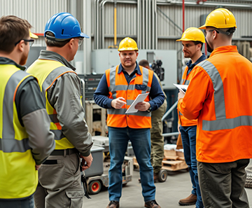 A maintenance manager discusses upcoming jobs with technicians as part of MPAC strategy implementation