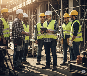 A supervisor meets with his maintenance crew to discuss a CMMS work order